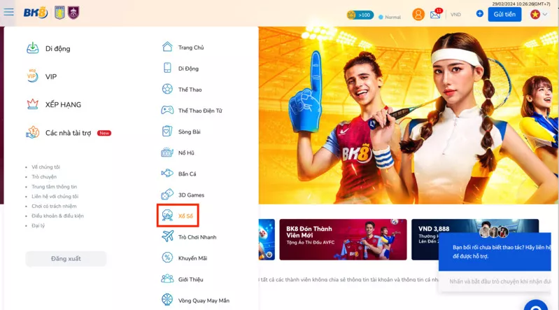 Link vào nhà cái Bk8 mới nhất - Hướng dẫn chơi số đề Bk8 chuẩn 4 Nhấn vào mục xổ số bk8 trên thanh menu công cụ
