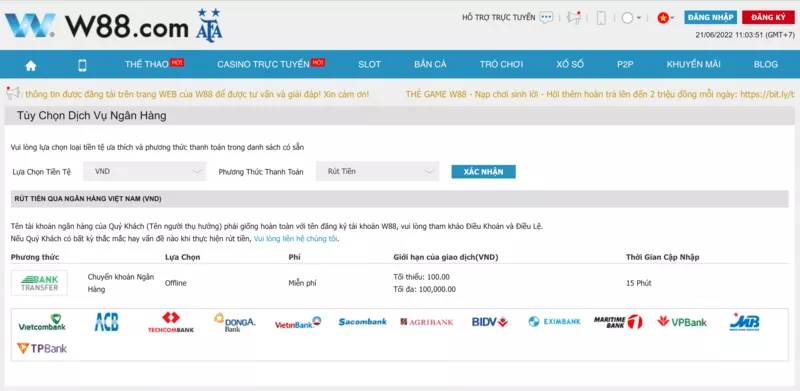 Cách Rút Tiền W88 Nhanh Chóng và Đơn Giản 3 Rút tiền tại W88 qua tài khoản ngân hàng