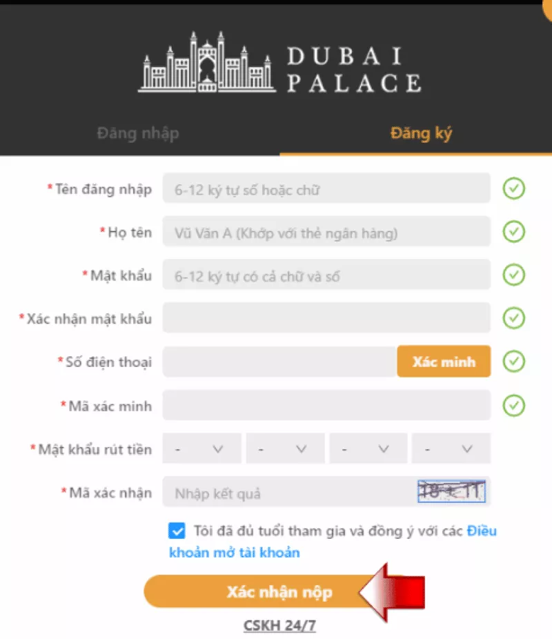 Hướng Dẫn Đăng Ký Dubai Palace Dễ Dàng Cho Người Mới 4 nhập thông tin đăng ký dubai palace
